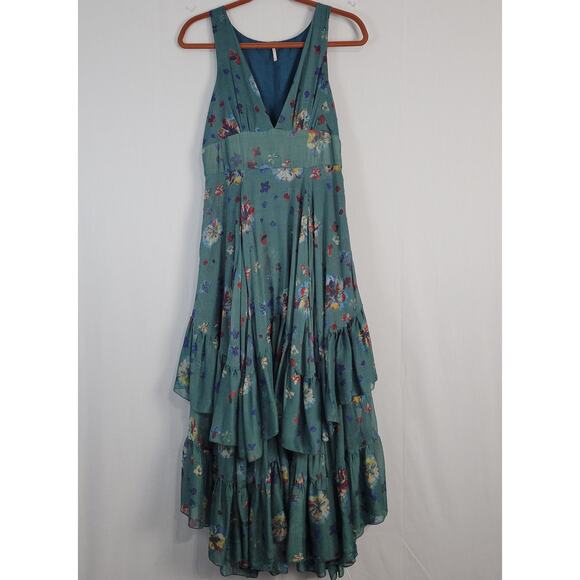 Free People Catching Glances Dress sz 6 Jade floral tiered ruffle forest fairy - Picture 2 of 8